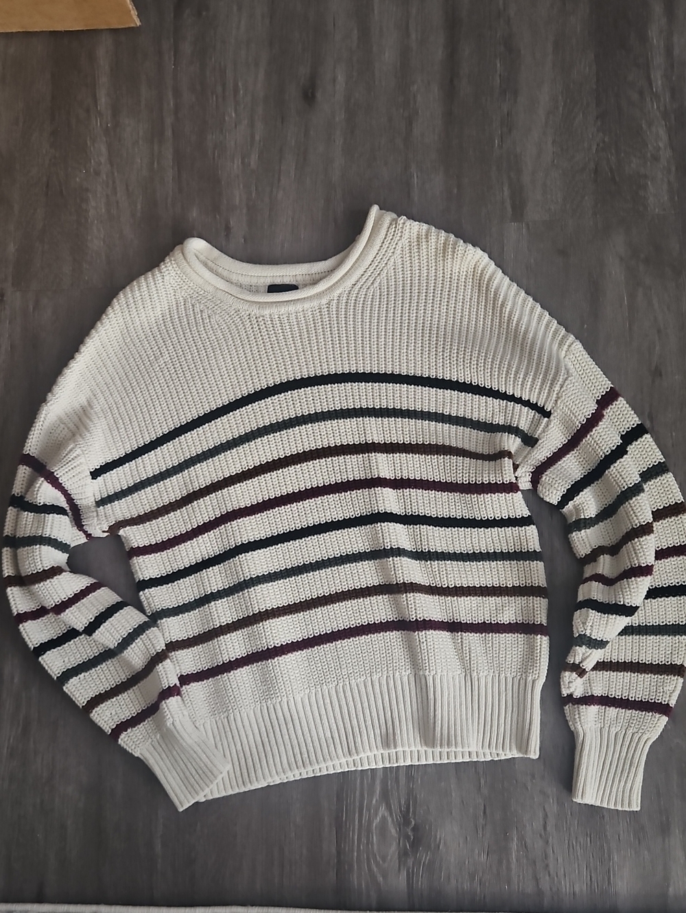 GAP Cream Crewneck Sweater with Navy, Green, and Burgundy Stripes